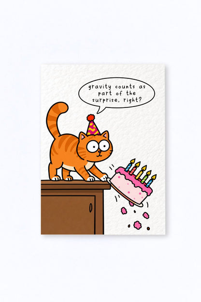Funny Birthday Greeting Card, Playful Cat Kncoking Cake Off Table Design, Cake Mishap, Quirky Celebration Humour