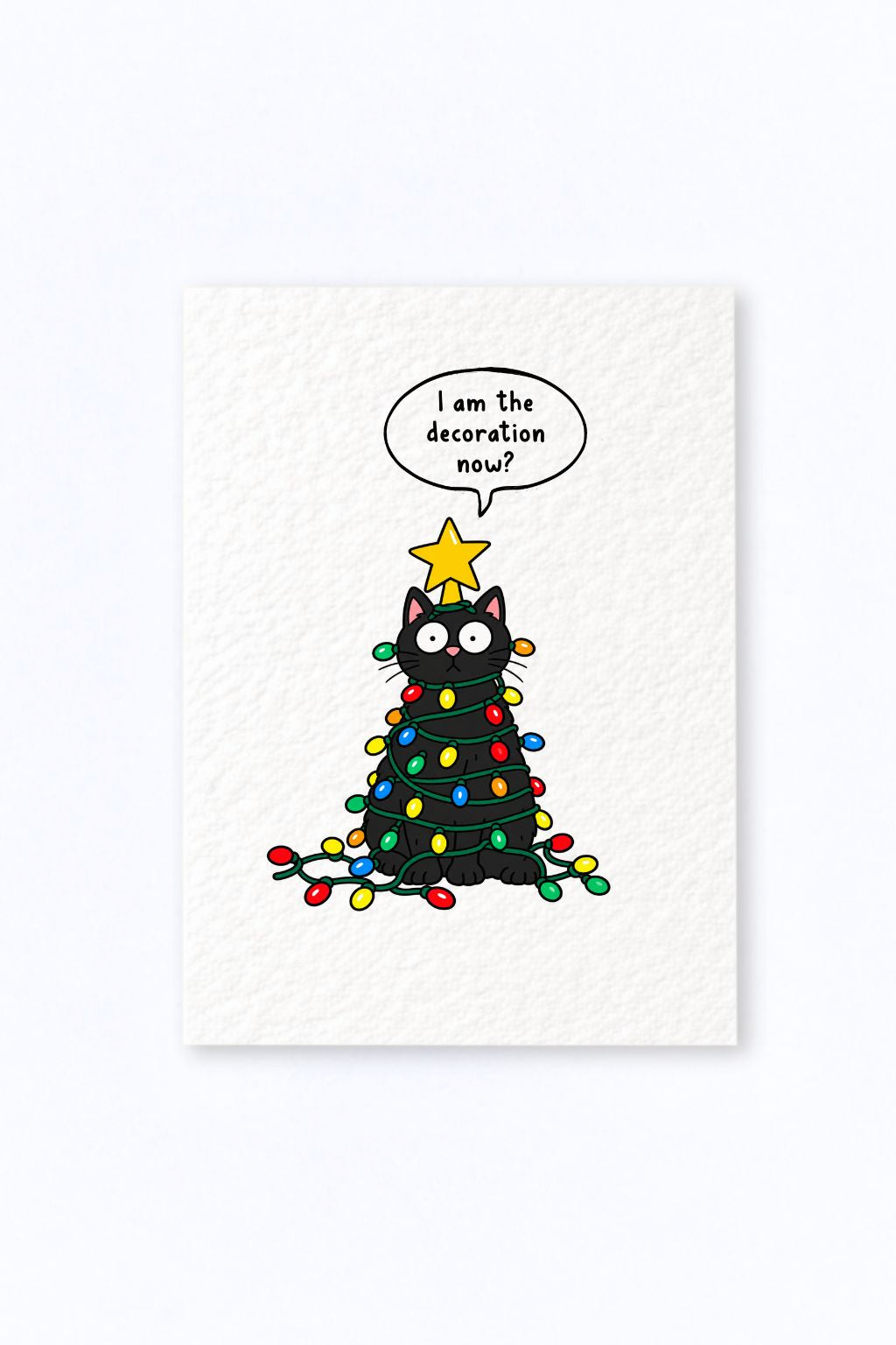 Funny Christmas Greeting Card, Black Cat Wrapped In Colourful Lights, Star Tree Topper, Playful Holiday Scene, Festive Humour
