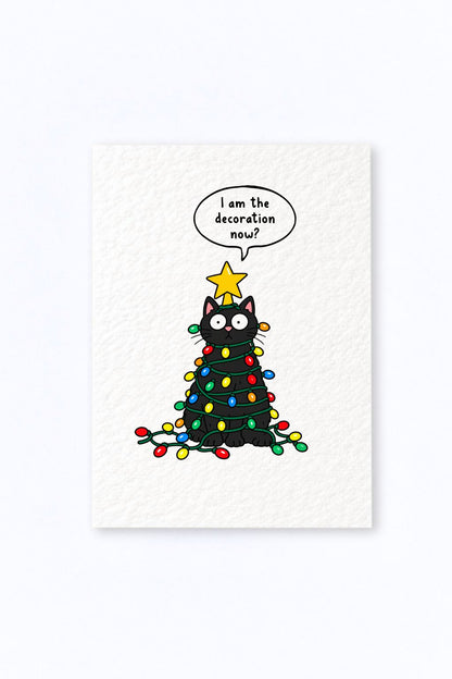 Funny Christmas Greeting Card, Black Cat Wrapped In Colourful Lights, Star Tree Topper, Playful Holiday Scene, Festive Humour