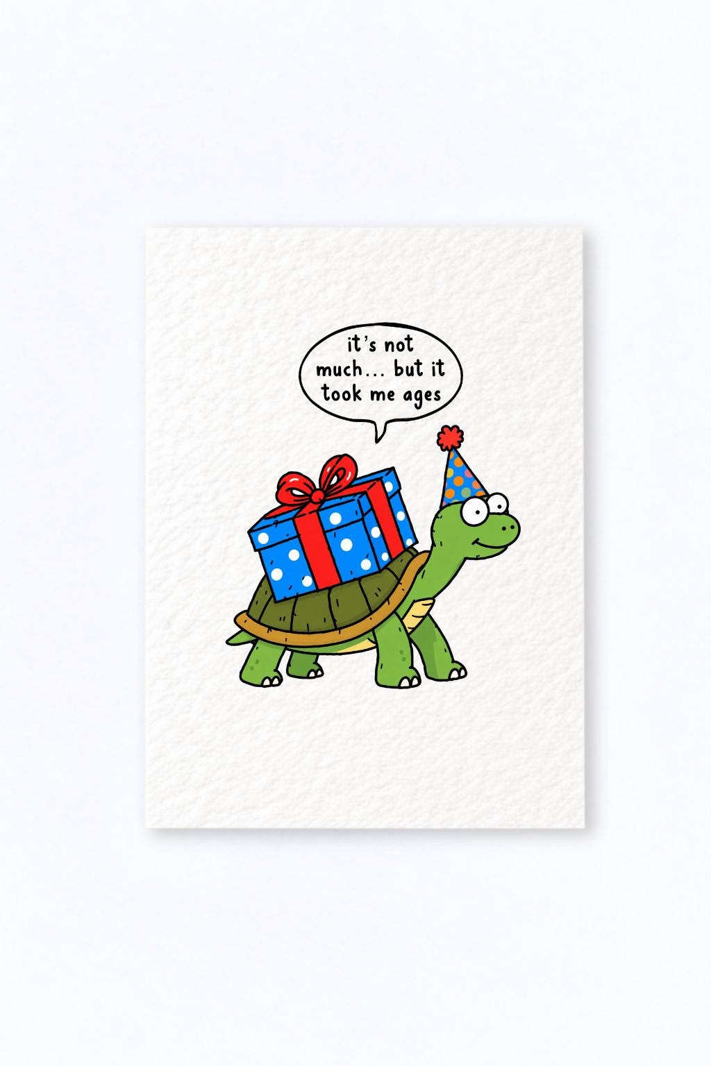 Funny Birthday Greeting Card, Cheerful Turtle Carrying Wrapped Gift, Colourful Party Hat, Playful Celebration Humour