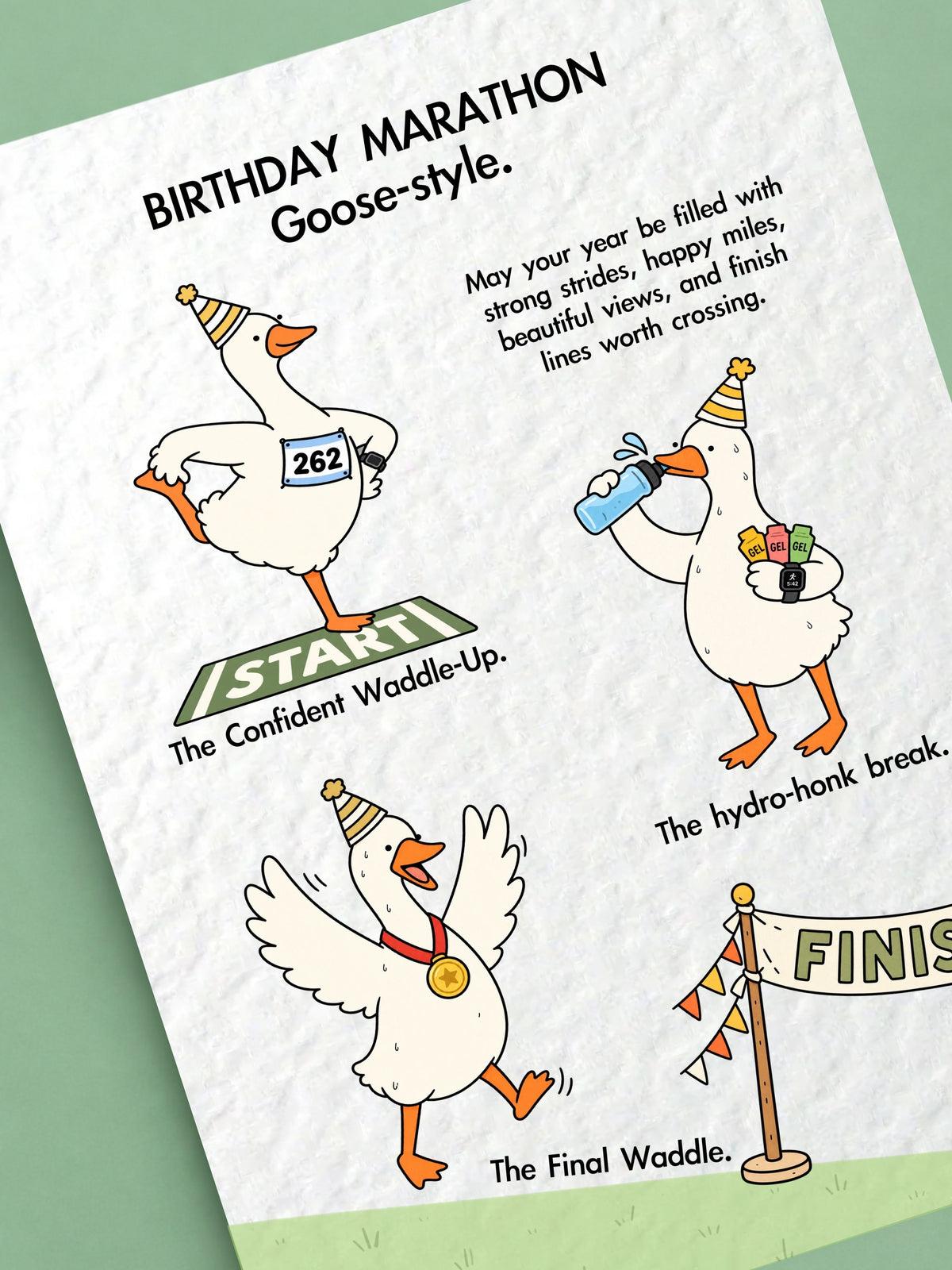 Funny Birthday Marathon Silly Goose Greeting Card For Runners, Relatable Whimsical Animal Gift