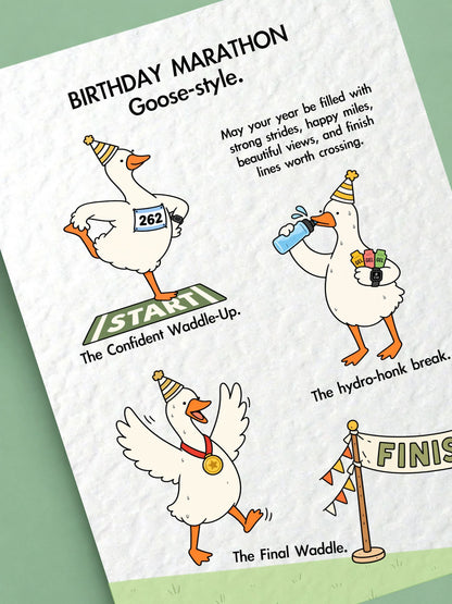 Funny Birthday Marathon Silly Goose Greeting Card For Runners, Relatable Whimsical Animal Gift