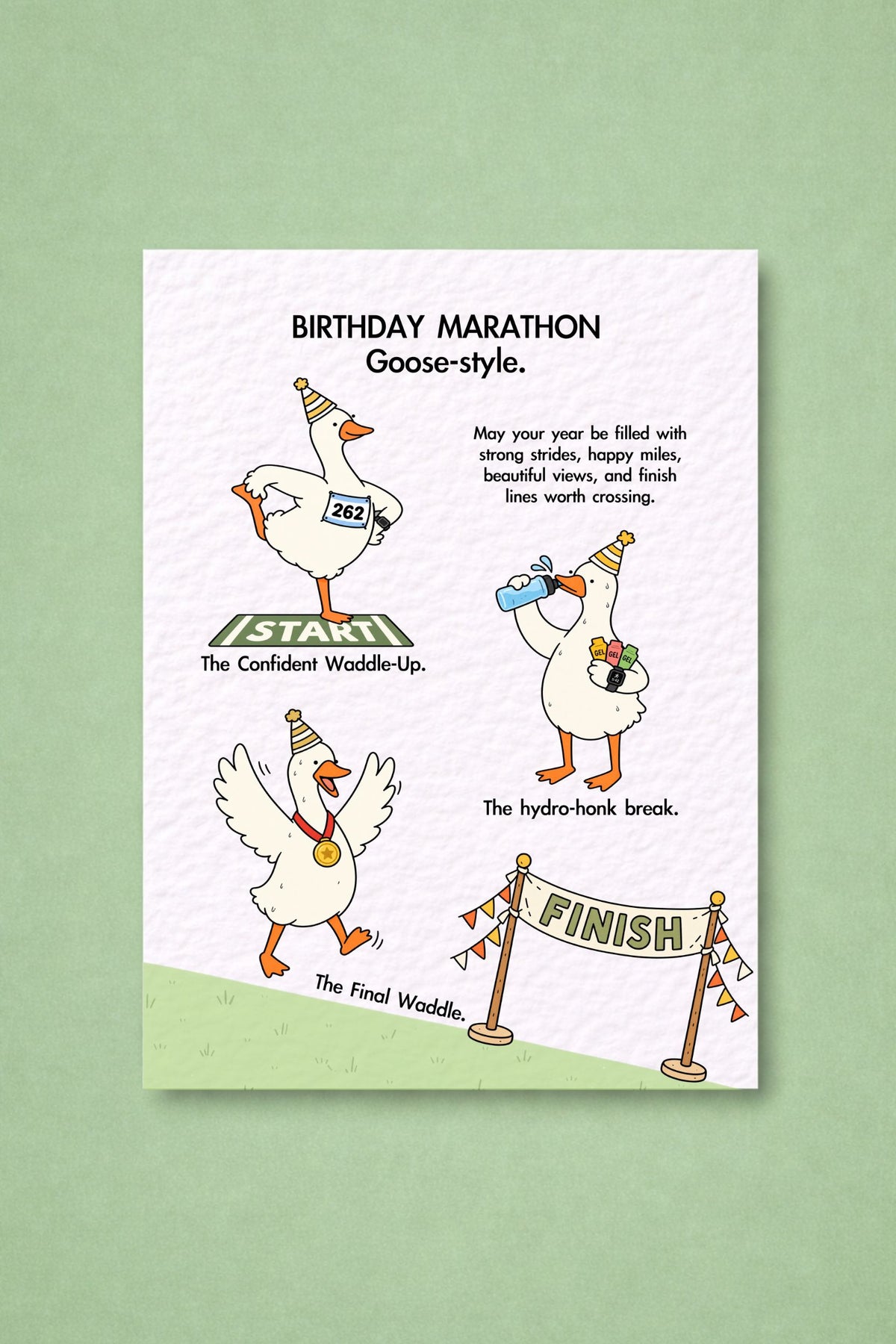 Funny Birthday Marathon Silly Goose Greeting Card For Runners, Relatable Whimsical Animal Gift