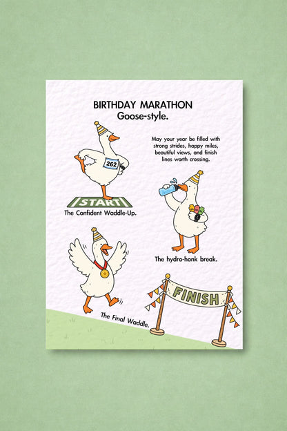 Funny Birthday Marathon Silly Goose Greeting Card For Runners, Relatable Whimsical Animal Gift