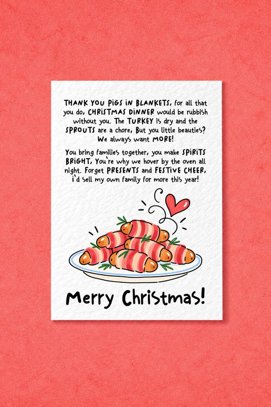 Funny Pigs in Blankets Christmas Card, Cheeky Festive Humour, Sausage Lover Gift, Xmas Dinner Greeting