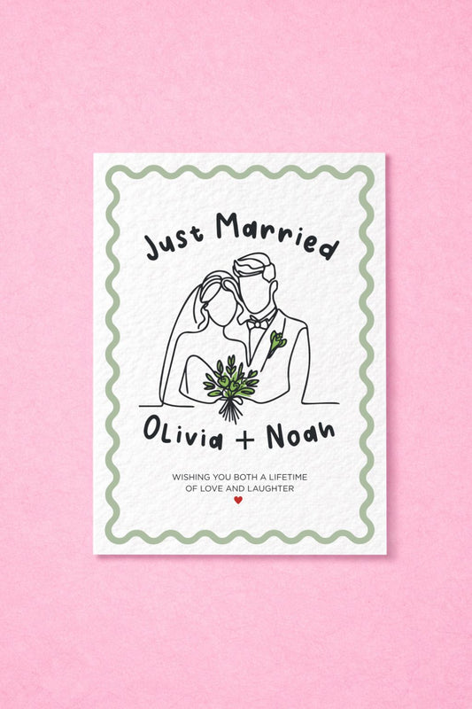 Personalised Just Married Wedding Greeting Card, Newlywed Congratulations, Custom Couple Names, Minimalist Wedding Gift
