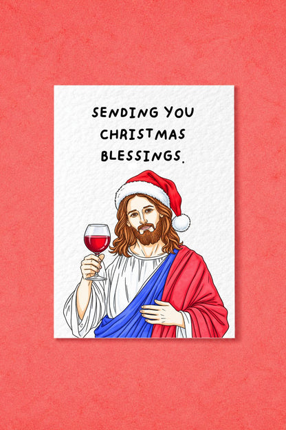 Funny Jesus Christmas Card, Humorous Religious Christmas Greeting, Santa Hat Jesus with Wine, Cheeky Festive Card for Friends and Family