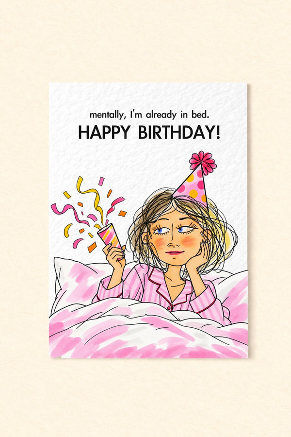 Funny Birthday Card for Her, Introvert Birthday Greeting, Cosy Bed Birthday Humour, Relatable Tired Girl Card Pyjama Party