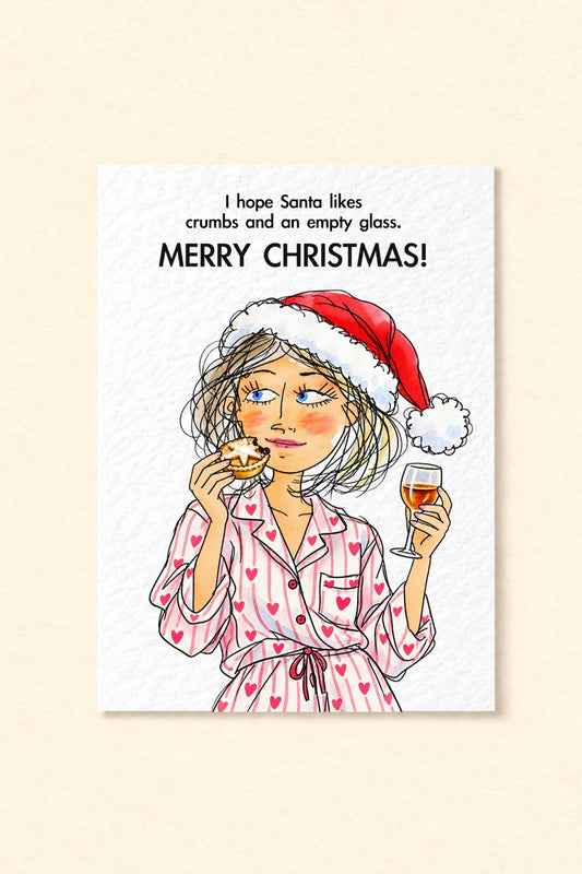 Funny Christmas Card, Festive Wine Lover Greeting, Mince Pie Humour, Cheeky Pyjama Illustration