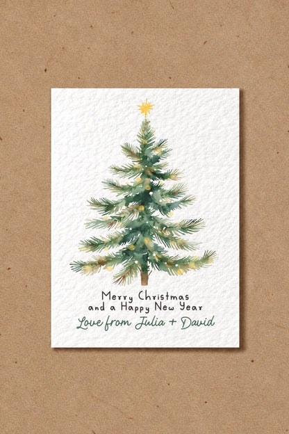 Personalised Christmas Tree Card, Custom Family Greeting, Merry Christmas and Happy New Year, Festive Tree Illustration, Custom Christmas