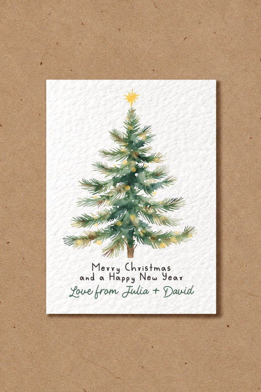 Personalised Christmas Tree Card, Custom Family Greeting, Merry Christmas and Happy New Year, Festive Tree Illustration, Custom Christmas