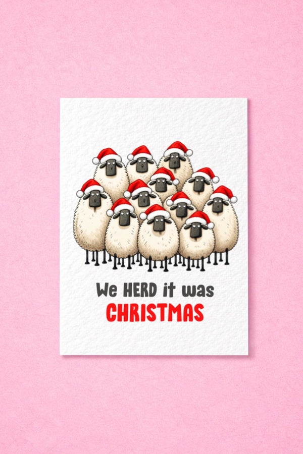 Funny Sheep Christmas Card: 'We Herd It' Pun