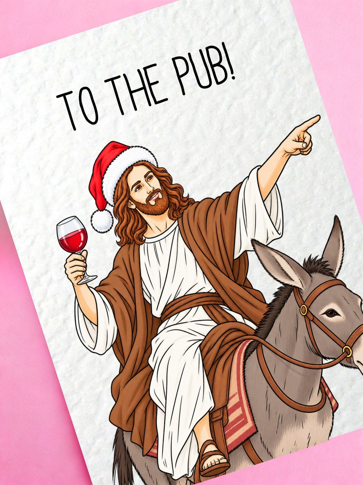 Funny Jesus The Pub Christmas Card, Humorous Religious Christmas Greeting, Santa Hat Jesus with Wine, Cheeky Festive Gift