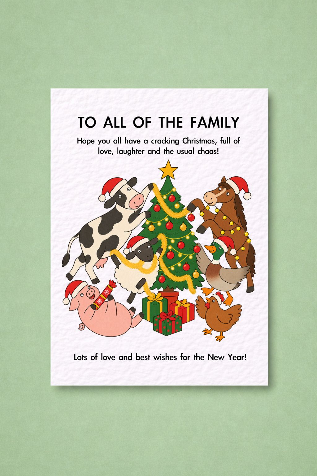 Funny Christmas Family Card, Festive Farm Animals, Whimsical Holiday Greeting, New Year Wishes