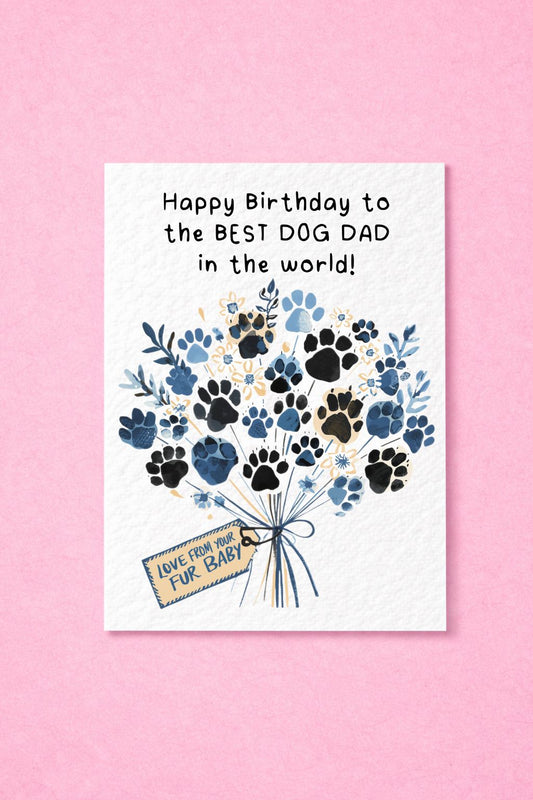 Birthday Day Card From The Dog To Dad, Pet Birthday Greeting Card, Paw Print Bouquet