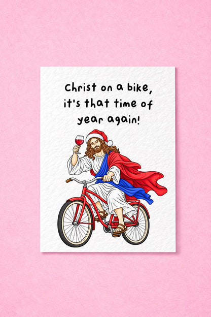 Funny Jesus On A Bike Christmas Card, Humorous Religious Christmas Greeting, Santa Hat Jesus with Wine, Cheeky Festive Gift