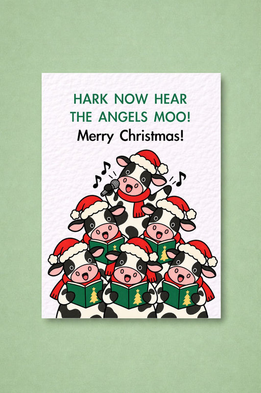 Funny Christmas Cow Card, Festive Animal Pun, Musical Holiday Humour, Christmas Carol Greeting