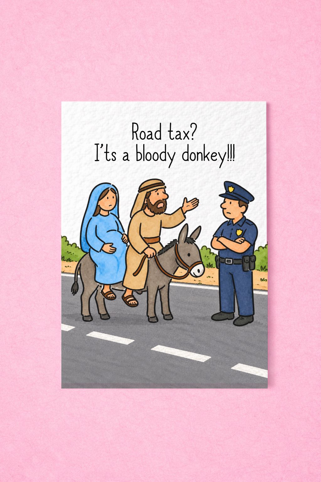 Funny Christmas Card, Nativity Humour, Donkey Road Tax Joke, Religious Comedy Greeting