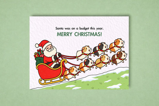 Funny Budget Santa Christmas Card, Santa Guinea Pig Sleigh, Cute Pet Humour, Novelty Xmas Greeting