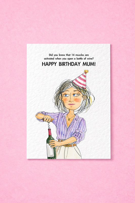 Funny Birthday Card For Mum, Wine Joke Gift, 14 Muscles Activated When Opening A Bottle Of Wine