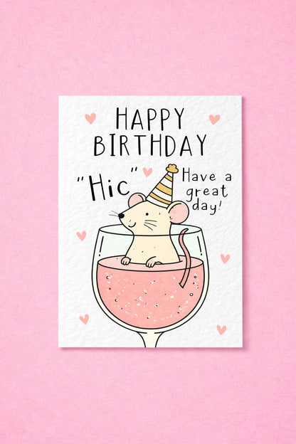 Cute Mouse In Wine Glass Greeting Card For Friend, Prosecco Rose Whimsical Animal Gift