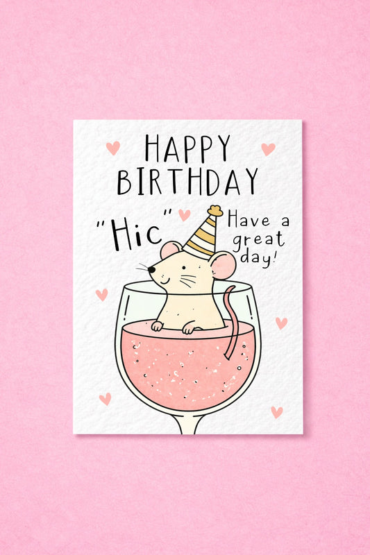 Cute Mouse In Wine Glass Greeting Card For Friend, Prosecco Rose Whimsical Animal Gift