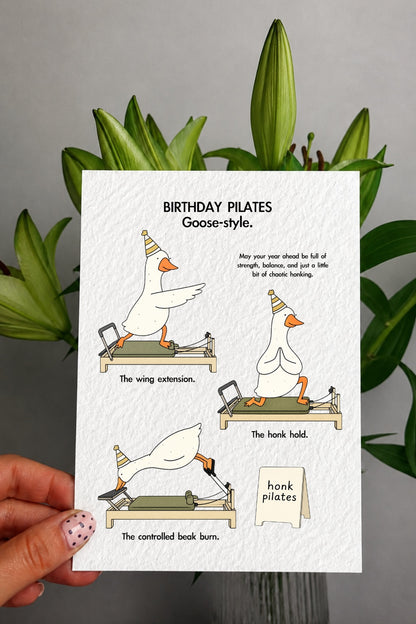 Funny Pilates Goose Birthday Card: Humorous Design For Friend, Pilate Positions Honk Studio Greeting Card