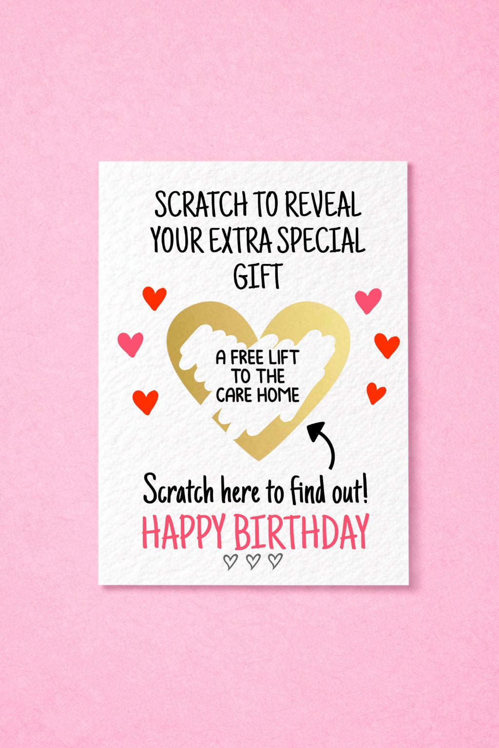 Birthday Funny Surprise Greeting Card, Gift Reveal, Surprise Gift, Gold Heart, Free Lift To The Care Home, Grandparents, Parents