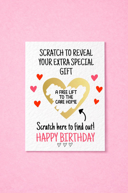 Birthday Funny Surprise Greeting Card, Gift Reveal, Surprise Gift, Gold Heart, Free Lift To The Care Home, Grandparents, Parents