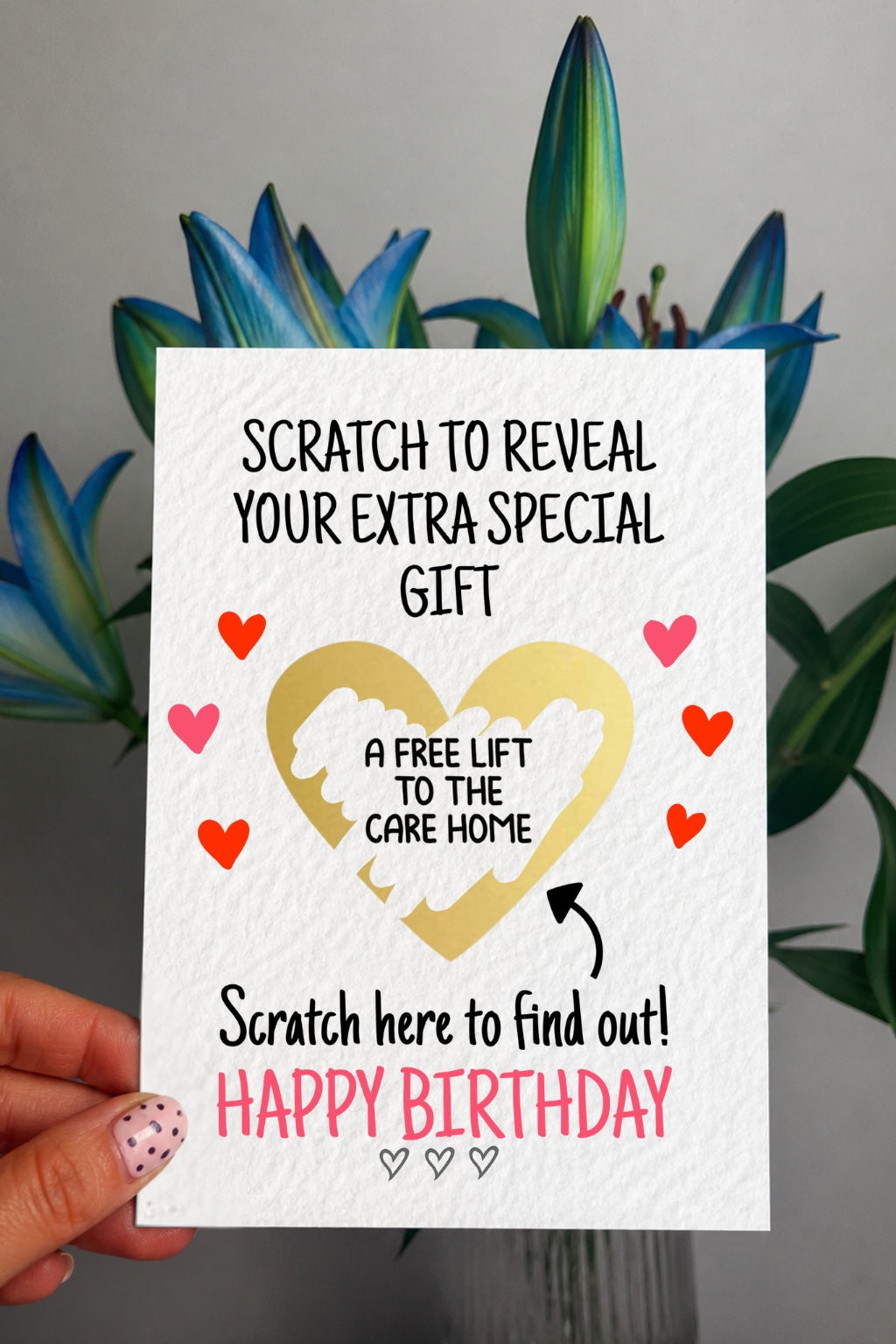 Birthday Funny Surprise Greeting Card, Gift Reveal, Surprise Gift, Gold Heart, Free Lift To The Care Home, Grandparents, Parents