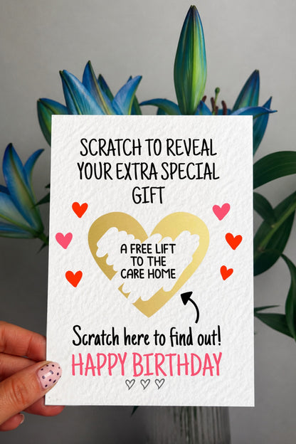Birthday Funny Surprise Greeting Card, Gift Reveal, Surprise Gift, Gold Heart, Free Lift To The Care Home, Grandparents, Parents