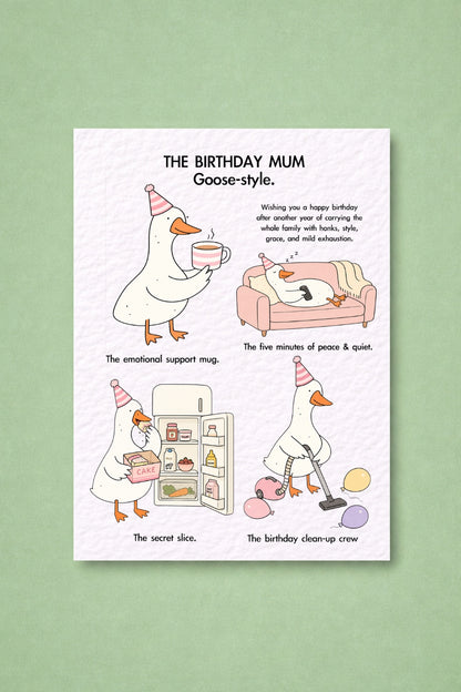 Funny Mum Birthday Card, Cute Goose Card for Mum, Pastel Birthday Card, Tea & Cake Mum Life Card, Funny Mother Birthday Gift