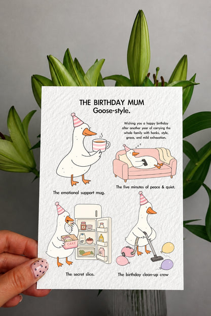Funny Mum Birthday Card, Cute Goose Card for Mum, Pastel Birthday Card, Tea & Cake Mum Life Card, Funny Mother Birthday Gift