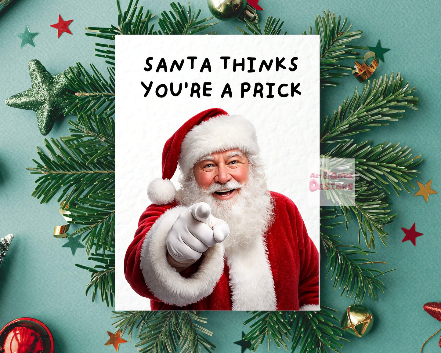 Rude Santa Thinks You're A Prick, Merry Christmas Card-  Greeting Card For Friend, Sibling