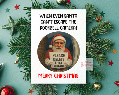 Funny Doorbell Santa Camera Christmas Card, Merry Christmas Card, Home Security Cam Santa Footage Greeting Card