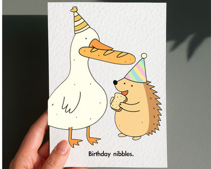 Funny Silly Goose And Hedgehog Birthday Card: Humorous Design, Birthday Nibbles, Cute Animal Greeting Card