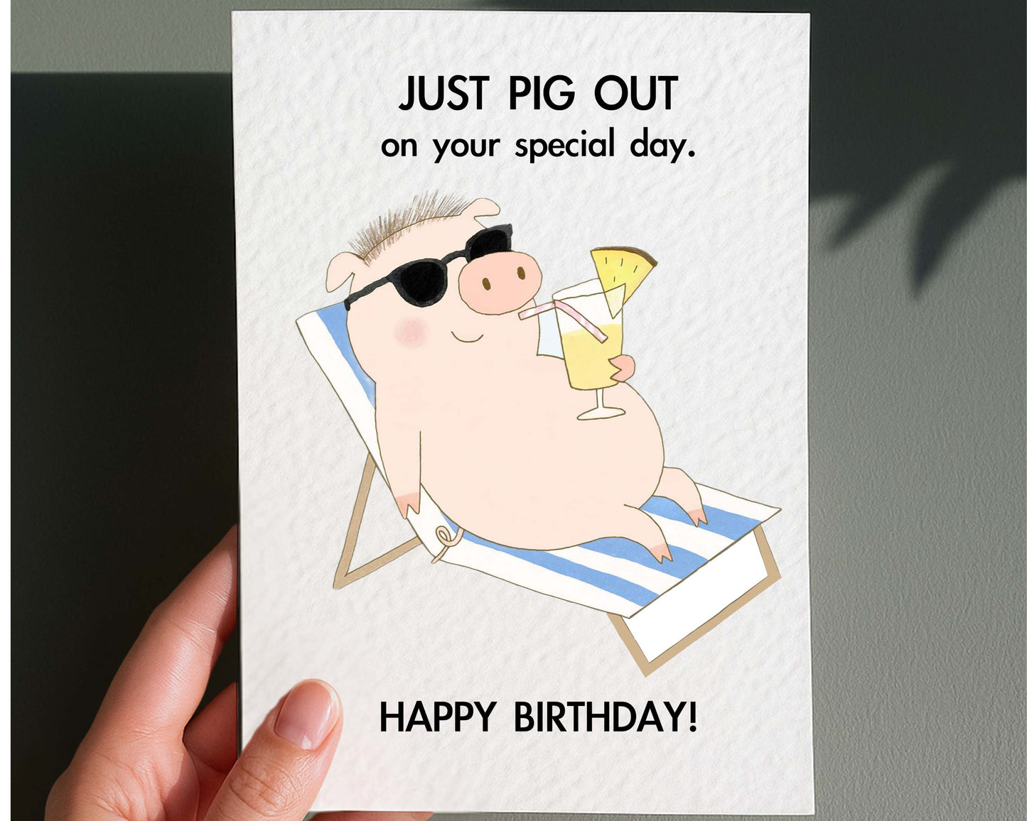 Funny Pig Birthday Card: Cute Funny Pig Sunbathing With Cocktail, Pina Colada Humorous Design Greeting Card, Animal Gift