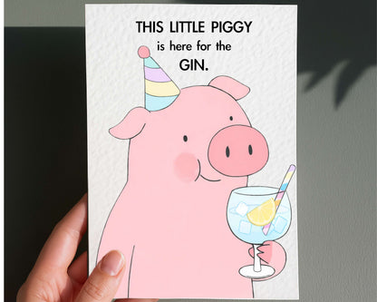 Funny Pig Birthday Card: Cute Funny Pig and Gin Humorous Design Greeting Card, Animal Gift