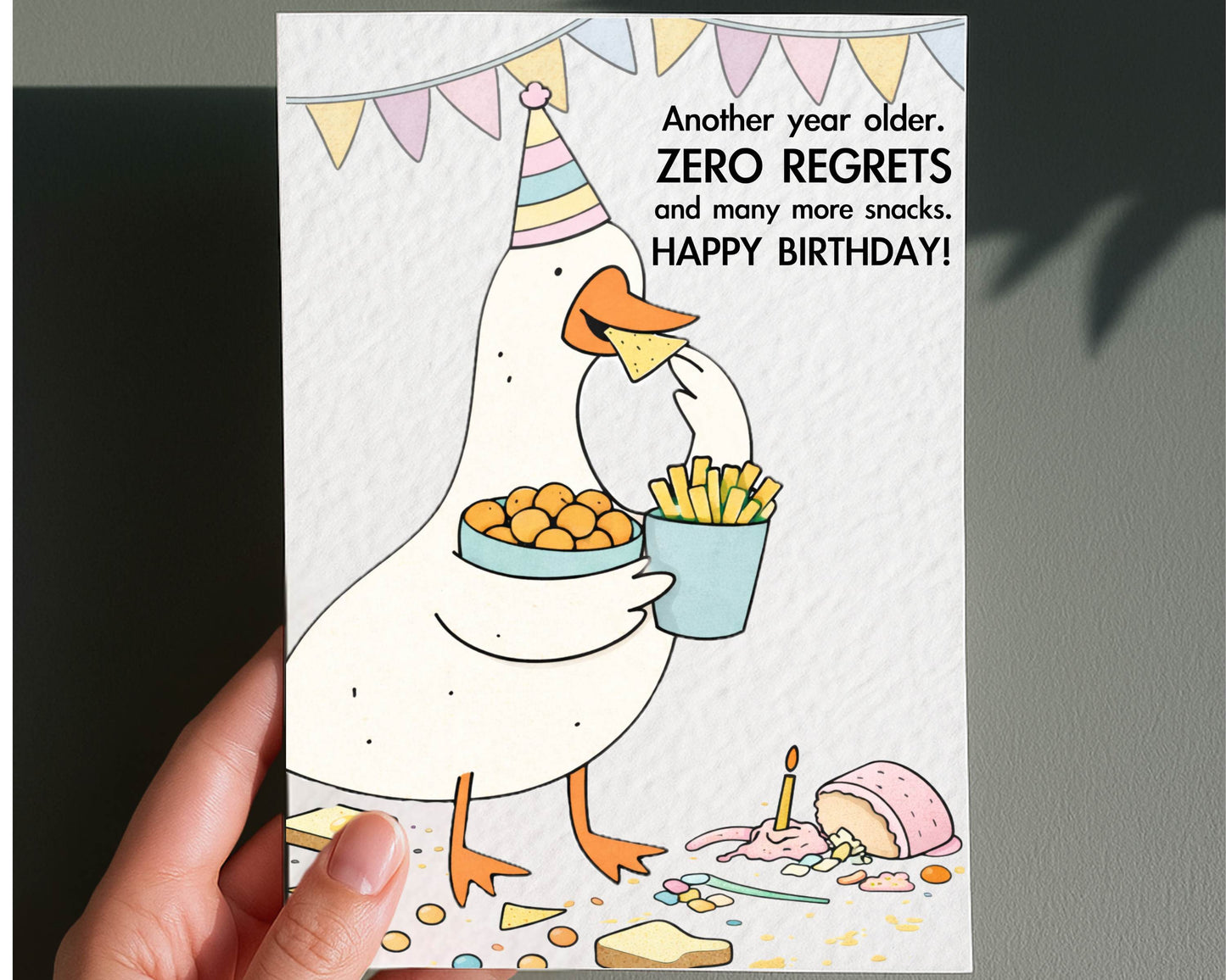 Funny Silly Goose Birthday Card: Humorous Design, Snacks and Zero Regrets, Cute Animal Greeting Card