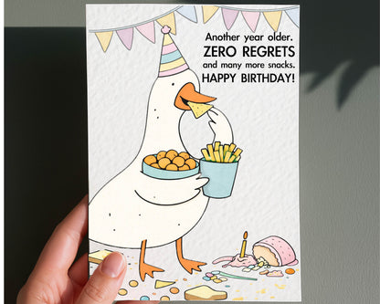 Funny Silly Goose Birthday Card: Humorous Design, Snacks and Zero Regrets, Cute Animal Greeting Card