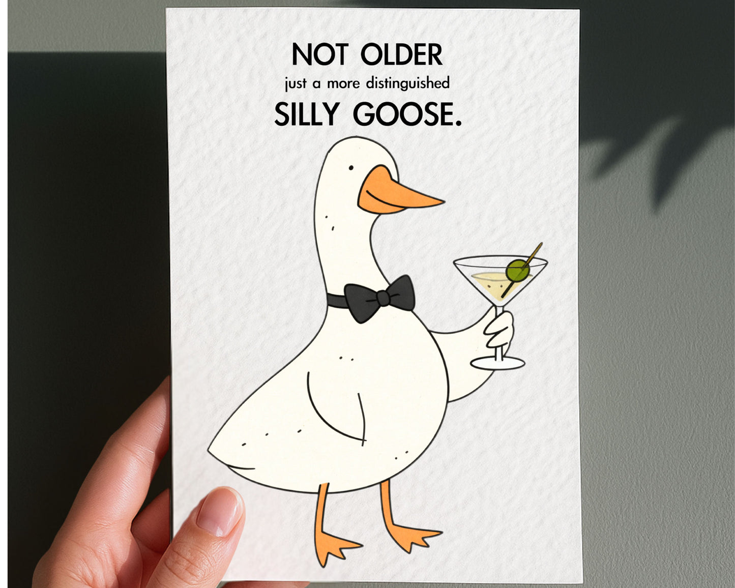 Funny Distinguished Goose Birthday Card: Goose Holding Martini Cocktail Drink, Silly Goose Greeting Card