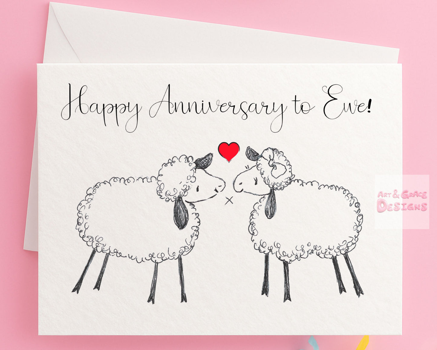Sheep Anniversary Greeting Card- Happy Anniversary To Ewe - Adorable Cute Woolley Sheep Couple - Illustration