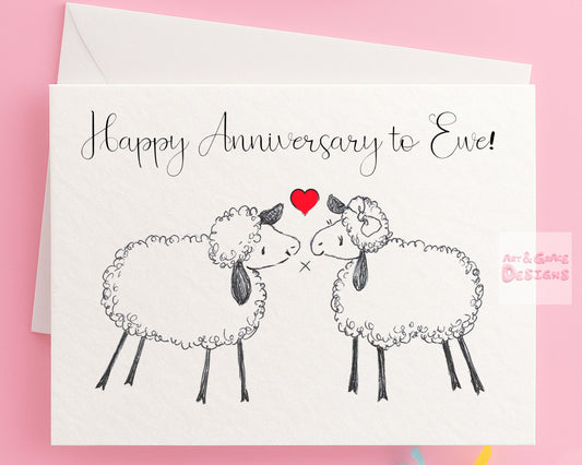 Sheep Anniversary Greeting Card- Happy Anniversary To Ewe - Adorable Cute Woolley Sheep Couple - Illustration