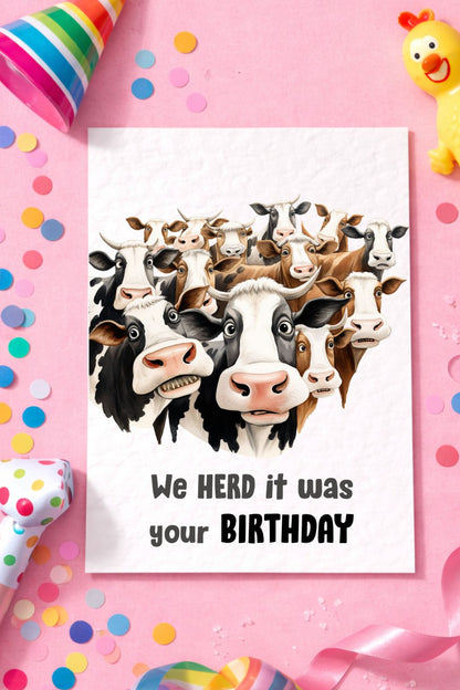 Funny Cow Card, We Herd' It Was Your Birthday, Funny Herd of Cows Drawing - Cute Cows