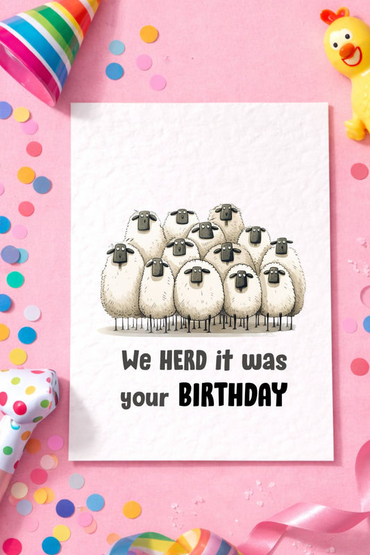 Funny Sheep Card, We Herd' It Was Your Birthday, Funny Herd of Sheep Drawing - Cute Sheep - Cattle