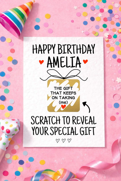 Personalised Funny Surprise Scratch Card, The Gift That Keeps On Taking, Greeting Card, Surprise Gift, Gold Gift Present Box