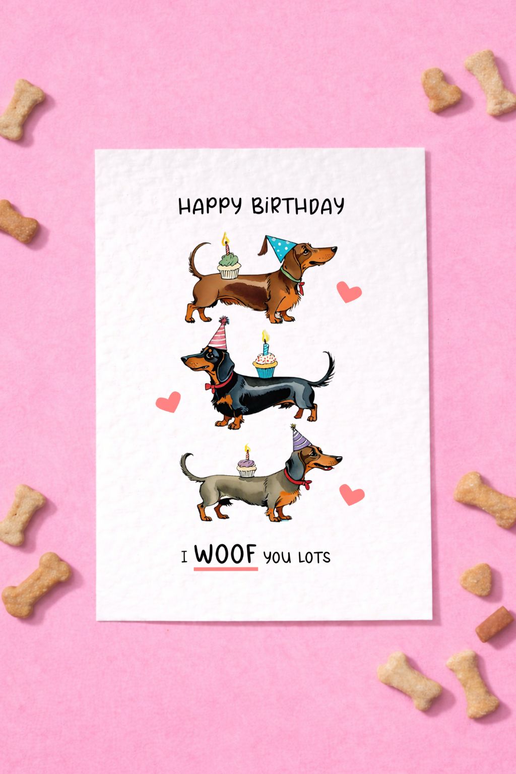 Cute Dachshund Dog Card with Party Hat and Cupcakes Greeting Card - Happy Birthday - Adorable Sausage Dog Card