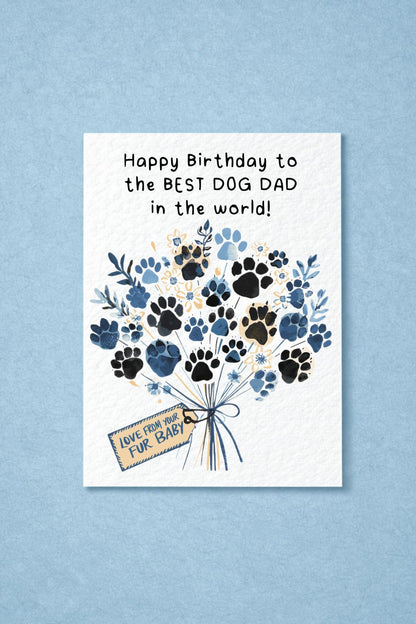 Birthday Day Card From The Dog To Dad, Pet Birthday Greeting Card, Paw Print Bouquet