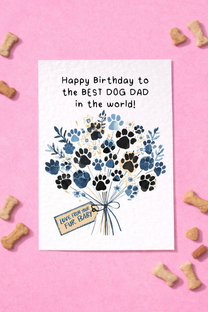 Birthday Day Card From The Dog To Dad, Pet Birthday Greeting Card, Paw Print Bouquet
