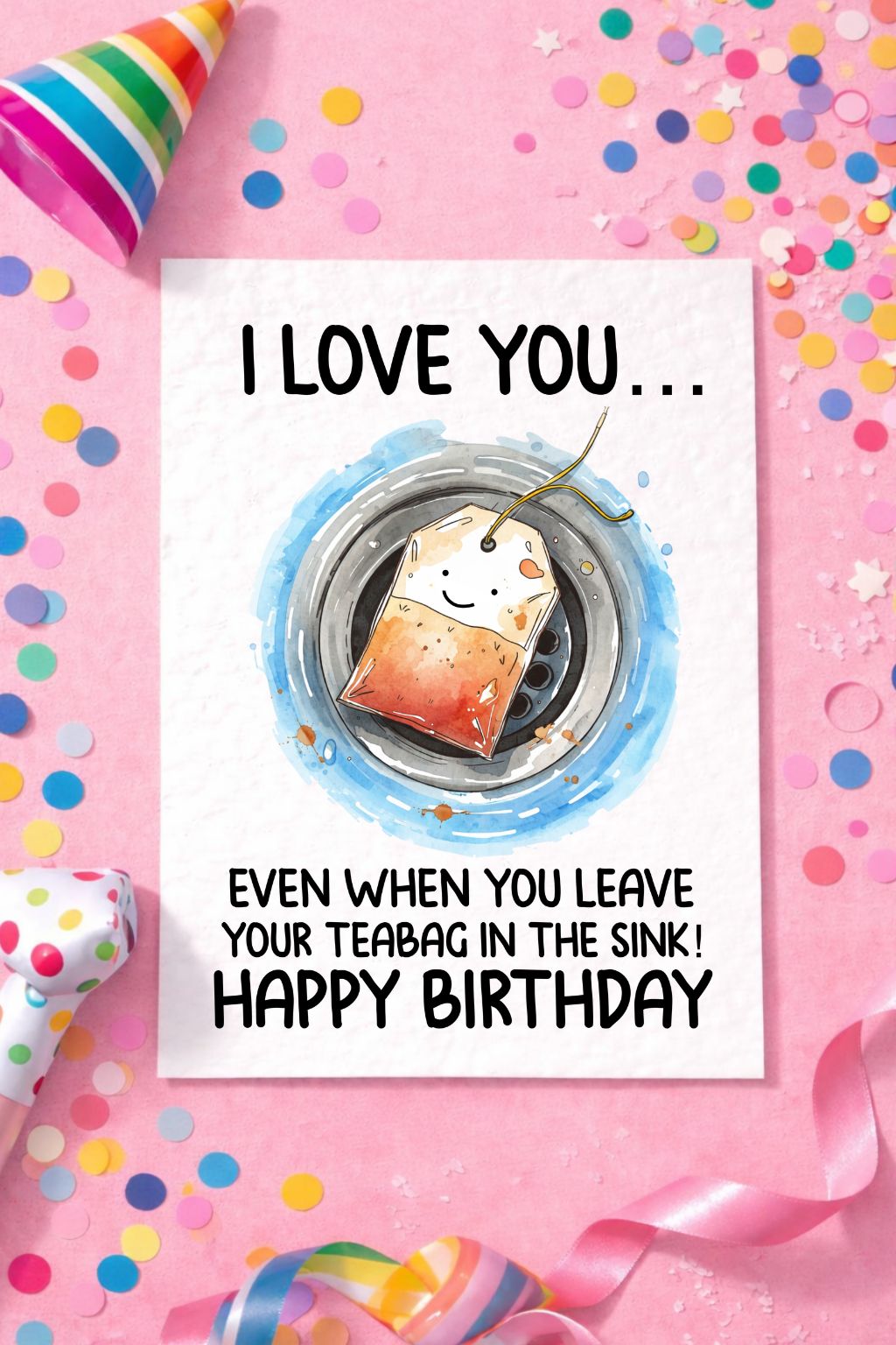 Tea Bag Card For Friend- Funny Birthday Greeting Card For Flatmate, Partner, Teabag In Sink